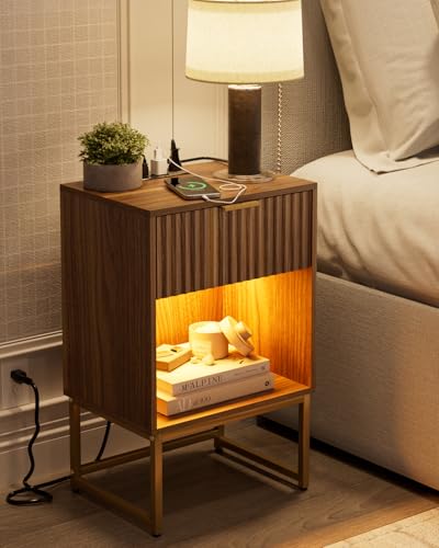 Masupu Fluted Nightstand with Charging Station and LED Lights,Modern Night Stand Wood Bedside Table with Storage Drawer Side End Table for Bedroom,Office,Walnut Brown - color: Light-walnut Brown