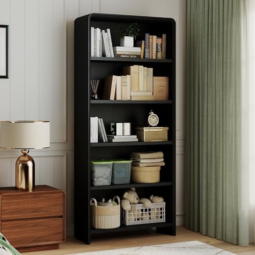 Bevfint 71" Bookcase Tall 5 Shelves Wood Bookshelf with Curved Soft Edges, Heavy Duty Storage Cabinet for Professional Home Office and Living Room, Modern Black Grain Finish - color: Black Grain, size: 5-Tier Bookcase