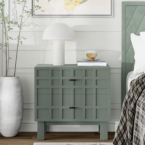 Aoikax Modern 2 Drawer Nightstand with Grid Carved Pine Front, Minimalist End Table Bedside Table with Metal Base for Bedroom, Ash Veneered Top, Metal Legs, Light Green - color: 2 Drawer, size: 1-PACK