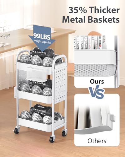 ALVOROG 3 Tier Rolling Cart with DIY Pegboards Metal Utility Cart with Wheels Handles Baskets Hooks, Storage Cart for Office Kitchen Bathroom(White) - color: White
