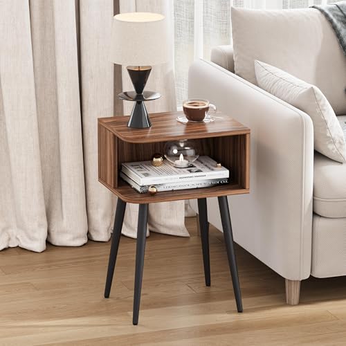 Nightstand Set of 2, Small Bed Side Table for Small Spaces, Mid Century Modern Nightstand End Table with Open Storage, Side Table for Bedroom Living Room, Walnut Brown MLBZ20R-2 - color: Walnut Brown