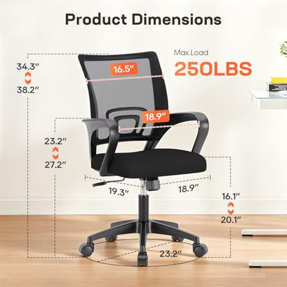 BestOffice Ergonomic Office Chair | Mid-Back Swivel Desk Chair | Dark Black | with Lumbar Support, Adjustable Height & Breathable Backrest | Sponge Seat & Rolling Wheels | for Home, Office | Pack of 1 - color: Dark Black, style: pack of 1