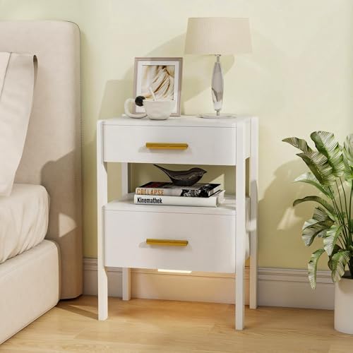 Nightstand with 2 Drawers and Open Shelf Wooden Bedside Table Gold Handles Modern Storage Night Stand Sensor Light for Bedroom, White - color: White