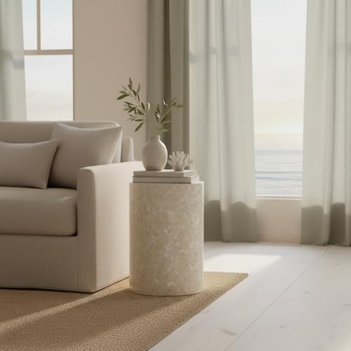 PEMAR Capiz Shell Cylinder Drum End Table Nacre Side Table Stool Round Drum Accent Coffee Bedside Nightstand and Vanity Stool, 13" Diameter x 19.3" High, White Cream - color: White Cream