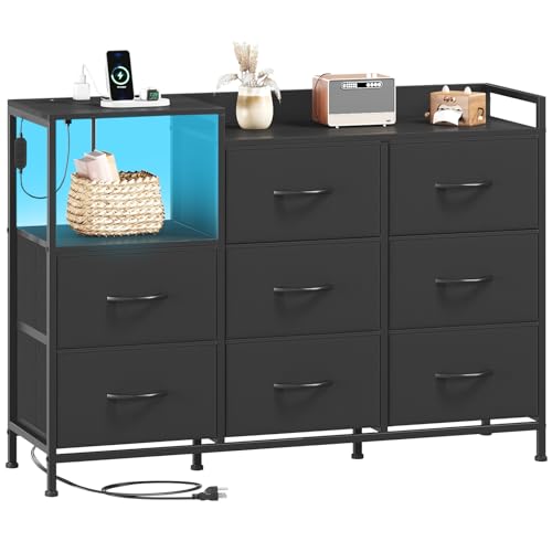 Somdot Dresser with Charging Station, Open Shelves & 8 Drawers for Bedroom | Storage Cabinet and Organization Unit with Sturdy Metal Frame and Wood Top for Living Room and Hallway, Black - color: Black, size: 11.4"D x 39"W x 27.8"H (8 Drawers)