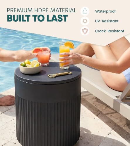 PASAMIC Outdoor Cooler Side Table, 3-in-1 Patio Ice Cooler Table with Storage, HDPE Outdoor Table with Drain Plug, Holds 24 Cans & Fits Wine Bottles, Poolside Deck Backyard (Charcoal)