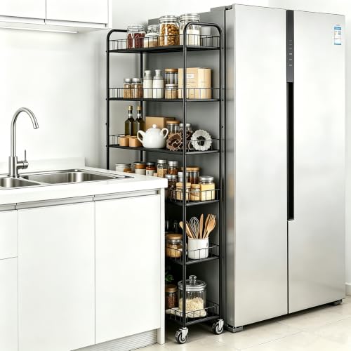 Slim Rolling Storage Cart with Wheels,10in 6 Tier Black | Narrow Space Rolling Shelving Unit , Metal Wire Mobile Organizer Rack for Kitchen Bathroom Office Laundry - size: 10in Black Cart