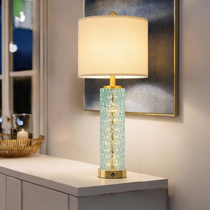 Oneach 27.75" Coastal Table Lamps Set of 2, Clear Blue Bedside Lamp with Glass Nightlight, USB A+C, Unique Desk Lamps for Living Room, Bedroom, Nightstand, End Table (2 Bulbs Included) - color: Clear Blue - White Shade