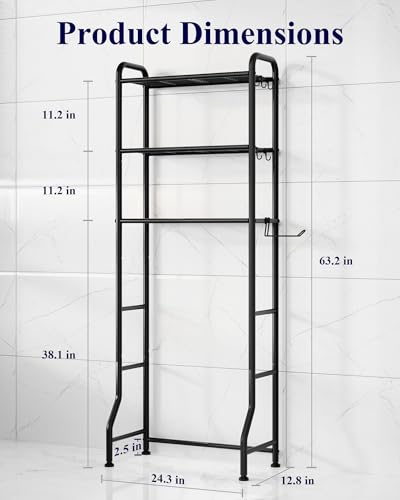 Kitsure Over Toilet Storage Rack, 63.2" H Space-Saving, Holder & Hooks | Bathroom, Laundry Room, Small Spaces, Families, Durable Metal, Black, 3 Tier - color: Black, size: 3 Tiers (63.2"H)