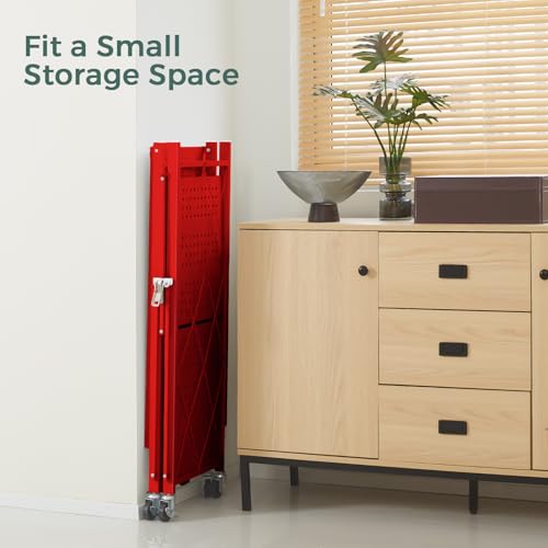 DEANIC 3 Tier Foldable Storage Shelves with Wheels, Kitchen Appliance Stand, Freestanding Metal Wire Shelf Rack, No Assembly Organizer Rolling Cart for Garage, Basement, Pantry(Red) - color: Red
