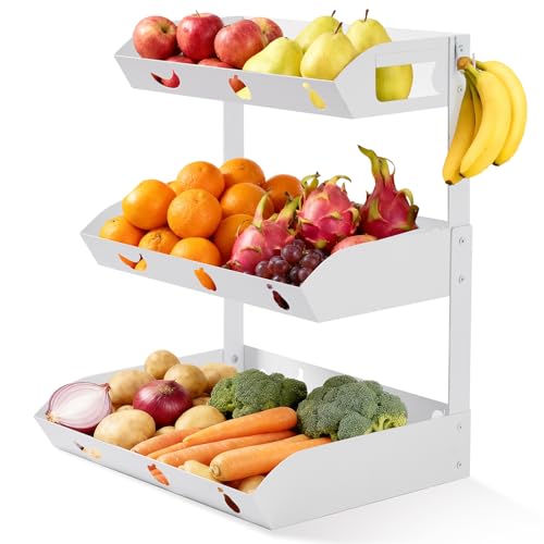 GOENDR Fruit Basket for Kitchen Counter – 3 Tier Metal Fruit Bowl with Banana Hanger, Convertible to 2 Tier, Large Capacity Countertop Organizer for Fruit Vegetables Bread Snack Produce Storage