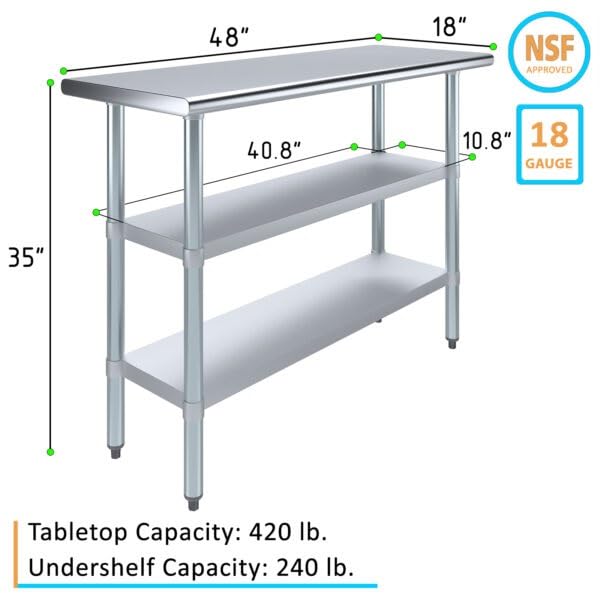 Stainless Steel Work Table with Second Undershelf. (18 x 48) - size: 18x48