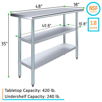 Stainless Steel Work Table with Second Undershelf. (18 x 48) - size: 18x48