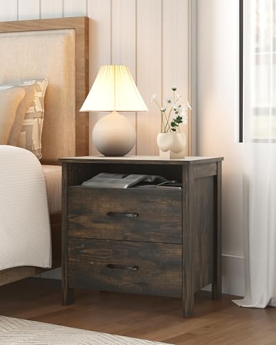 Farmhouse Nightstand, Rustic Nightstand with 2 Large Drawers, Wood End Table with Open Shelf, Bedside Table for Bedroom, Dark Brown - color: Dark Brown, size: 1 Piece