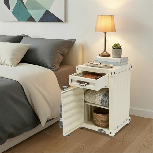 Industrial Shipping Container Nightstand, 3-Tier Cabinet with Drawers, End Tables Bedside Table Container Style Locker Wrought, Retro Style Metal Container Cabinet for Bar/Bedroom/Garage (White) - color: White