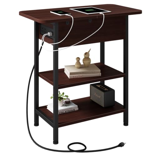 End Table with Charging Station Narrow Side Table with Storage, Dark Cherry | Equipped with USB Ports and Outlets, Nightstand for Small Spaces, Bedside Tables for Living Room, Bedroom - color: Cherry, size: Pack of 1