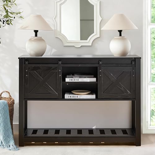 Black Farmhouse Entryway Table, Rustic Hallway Table with Storage Shelf, Sofa Table with Sliding Barn Doors for Hallway, Entryway, Living Room, Foyer - color: Black