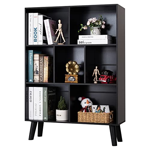 YAHARBO Black Bookshelf,3 Tier Modern Bookcase with Legs,Bookshelves Wood Storage Shelf, Open Book Shelves Cube Organizer,Freestanding Short Bookcases - color: Black, size: 80CM