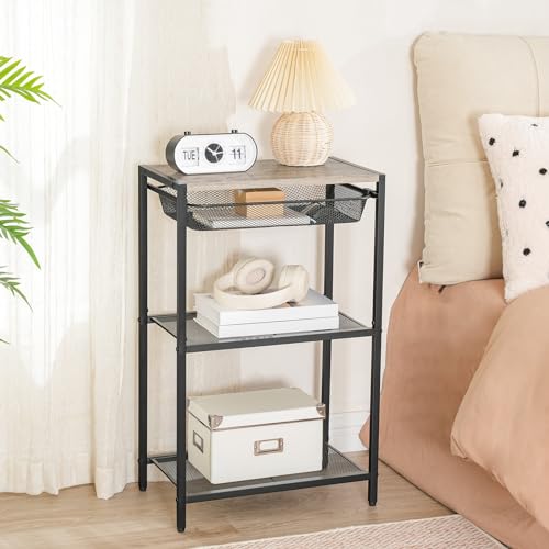 HOOBRO 28.7 Inch Tall Side Table, 3-Tier Industrial Telephone End Table with Adjustable Metal Mesh Basket, Desk Side Table with Storage Shelves, for Living Room, Bedroom, Office, Greige BG06DH01 - color: Greige + Black