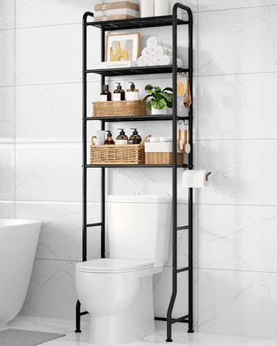 Kitsure Over Toilet Storage Rack - Metal Over Toilet Bathroom Organizer Shelf, Over the Toilet Storage Cabinet with Paper Holder and Hooks, Bathroom Cabinet for Laundry, Black, 4 Tiers (74.2" H) - color: Black, size: 4 Tiers (74.2"H)