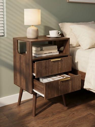 Leomonio Nightstand, Modern Night Stand with 2 Storage Drawer and Opening Storage, Fluted Bedside Table with Solid Wood Legs for Bedroom - color: Walnut Brown