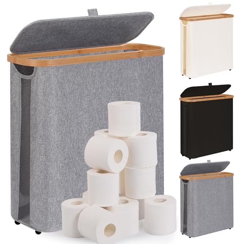 Toilet Paper Storage Basket with Lid - The Ultimate Bathroom Organizer, Free Standing Toilet Paper Holder for Up to 12 Mega Rolls, Toilet Tissue Storage Bin with Handle for RV Closet, Grey - color: Grey, size: Large