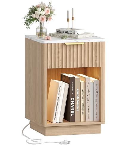 Akxomel Fluted Nightstand, Wooden Night Stand with Charging Station and LED Light, Modern Bedside Table with Drawer and Faux Marble Top, 15" D x 15.7" W x 22.6" H, for Bedroom, Natural Oak and White - color: Natural Oak and White