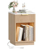 Akxomel Fluted Nightstand, Wooden Night Stand with Charging Station and LED Light, Modern Bedside Table with Drawer and Faux Marble Top, 15" D x 15.7" W x 22.6" H, for Bedroom, Natural Oak and White - color: Natural Oak and White