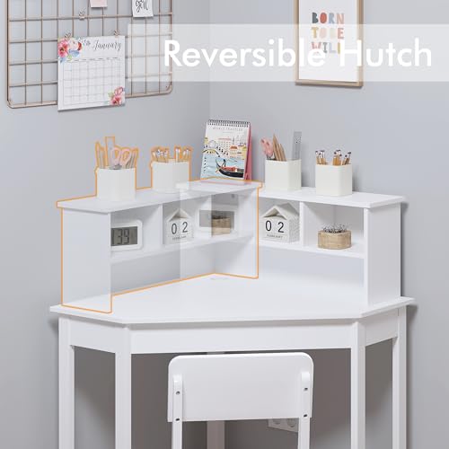 UTEX Kids Desk, Kids Corner Desk and Chair Set, Children Study Table with Storage and Hutch for Home School Use, White