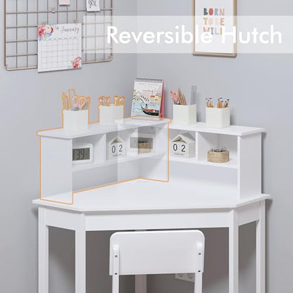 UTEX Kids Desk, Kids Corner Desk and Chair Set, Children Study Table with Storage and Hutch for Home School Use, White