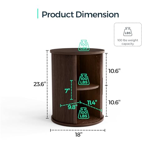 LINSY HOME Round Fluted End Table, Tall Side Table with Sliding Tambour Door and Storage Shelf, Modern Bedside Table, Mid-Century Nightstand for Living Room, Bedroom, Dark Walnut - color: Dark Walnut