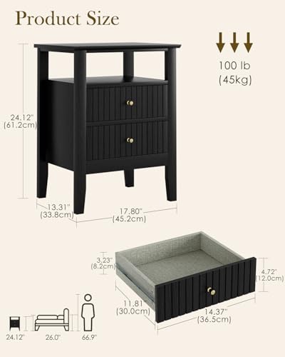 Fluted Nightstand, Farmhouse Night Stand with 2 Drawers, Mid Century Modern Side Accent Table,Bedside End Table for Bedroom, Living Room, Black - color: Black, size: 2 Drawers