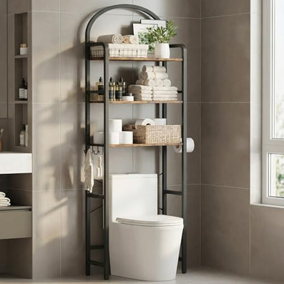 74" H Over the Toilet Storage Rack, 3-Tier Bathroom Organizer with Toilet Paper Holder & Hooks, Metal Frame with Wooden Shelves, Space Saver for Small Bathroom, Rustic Brown and Black - size: 3-tier