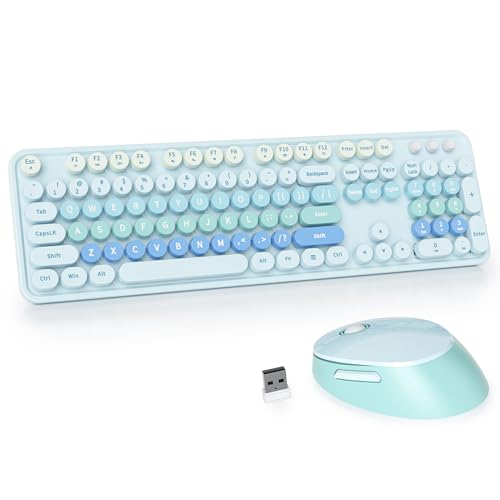 GTSP Cute Blue Keyboard and Mouse Wireless, Colorful Retro Typewriter Full-Size Aesthetic Office Keyboard 2.4GHz with Round Keycaps for Desktop Laptop and PC (Cute Blue) - color: Cute Blue