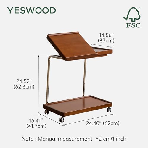 YESWOOD Adjustable C-Shaped Couch Table with Lockable Wheels – Rolling Small Space Side Table, Solid Wood End Table for Sofa, Bed & Living Room, (Teak,16.41" D x 24.4" W x 24.52" H) - color: Teak