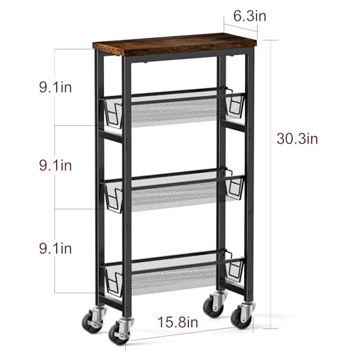 Honest Slim Storage Cart 4-Tier Slim Rolling Cart with Metal Frame and Wooden Top, 6.3 Inches, Storage Cart for Kitchen, Dining Room, Living Room, Bathroom, Home Office, Rustic Brown and Black - size: 4 Tiers (6.3"D x 30.3"H)