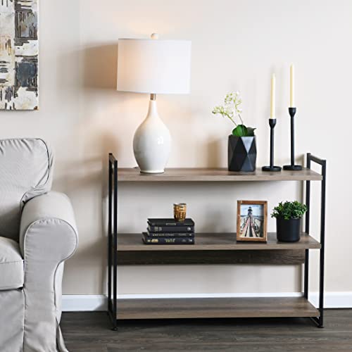 Household Essentials Wide 3‑Shelf Open Storage Bookshelf in Oak Rustic Wood Grain and White Metal Frame, Ashwood - color: Ashwood