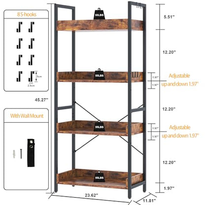 HCHQHS 4 Tier Bookshelf, Adjustable Industrial Bookcase, Vertical Tall Book Shelf, Wood and Black Metal Open Bookshelves for Home Office, Living Room, Bedroom - color: Rustic Brown, size: 4-Tier (24"W x 44"H)