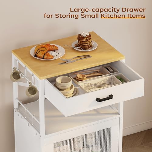 Homeiju Kitchen Island Cart, Kitchen Storage Cart with Drawer, Microwaves Stand, Coffee Cart, Rolling Kitchen Cabinet Cart with Hooks for Kitchen, Dining Room, White - color: White