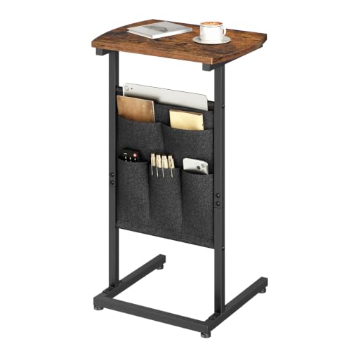 HOOBRO C Shaped End Table, 28.3" Side Table for Small Spaces, Couch Table, Slide Under Sofa Tray Table, Storage Bag, for Living Room, Bedroom, Rustic Brown and Black BF40SF01 - color: Rustic Brown + Black