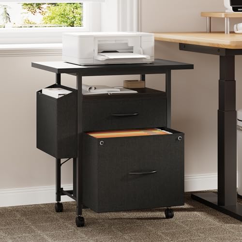 DUMOS 2 Drawer Mobile File Cabinet, Printer Stand with 24'' Wide Desktop | Fabric Drawer Cabinet Under Desk with Storage Side Bag,Rolling Printer Cart Not for Hanging Files for Home Office, Black - color: Classic Black