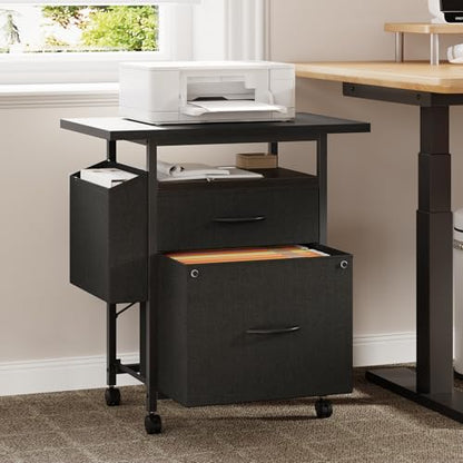 DUMOS 2 Drawer Mobile File Cabinet, Printer Stand with 24'' Wide Desktop | Fabric Drawer Cabinet Under Desk with Storage Side Bag,Rolling Printer Cart Not for Hanging Files for Home Office, Black - color: Classic Black