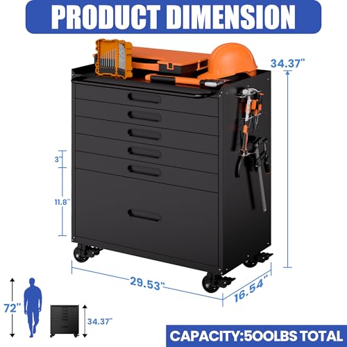 Metal Mobile Tool Storage Cabinet with 6 Drawers,Black Heavy Duty Rolling Tool Cabinets for Garage,Metal Storage Cabinets with Wheels,Assembly Required - color: Black, style: 6 drawers with wheels