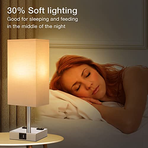 Touch Table Lamps Set of 2 for Bedroom - Dimmable, USB C+A, 2 AC Outlets | 3-Way Dimming, 3000K LED Bulbs Included, Square White Lampshade Silver Base, Small Bedside Lamp for Nightstand, Desk, Dorm - color: White-Silver