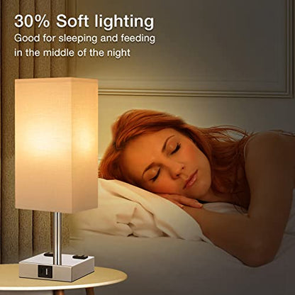 Touch Table Lamps Set of 2 for Bedroom - Dimmable, USB C+A, 2 AC Outlets | 3-Way Dimming, 3000K LED Bulbs Included, Square White Lampshade Silver Base, Small Bedside Lamp for Nightstand, Desk, Dorm - color: White-Silver