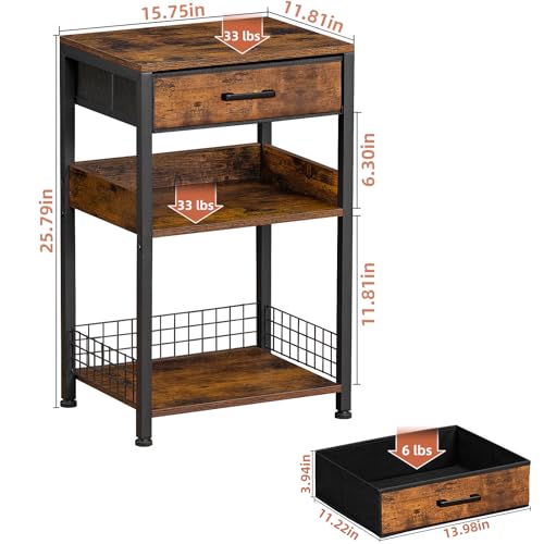 Lerliuo End Table with Fabric Drawer,3 Tier Industrial Wood Side Table with Storage,Modern Tall Printer Stand,Vintage Brown Nightstand,Rustic Bedside Tables for Living Room Bedroom Small Spaces | Three-tier printer stand with fabric drawer and two shelves