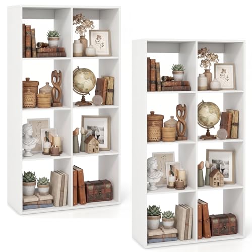 POWERSTONE 8 Cube Storage Organizer Set of 2, 4 Tier Cubby Bookshelf, White | Freestanding Bookcase w/Back Guardrail, Open Back Display Rack for Living Room, Bedroom, Study - color: White, size: 8 Cubes