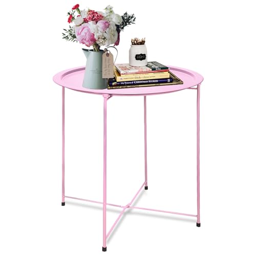 Garden 4 you End Table Metal Side Table Pink Round Folding Tray Cyan Sofa Small Accent Fold-able Table, Round End Table Tray, Next to Sofa Table, Snack Table for Living Room and Bed Room - color: Pink