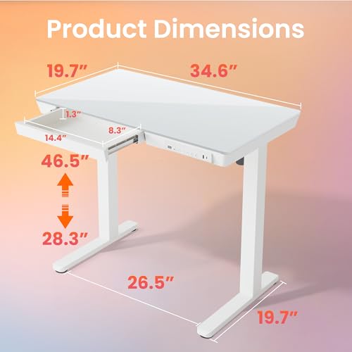 HUANUO Glass Standing Desk with Drawers, 35 X 20 Inch Electric Adjustable Height Desk, Quick Install One-Piece Tabletop with USB Charging Ports, White - color: White, size: 35*20 Inch