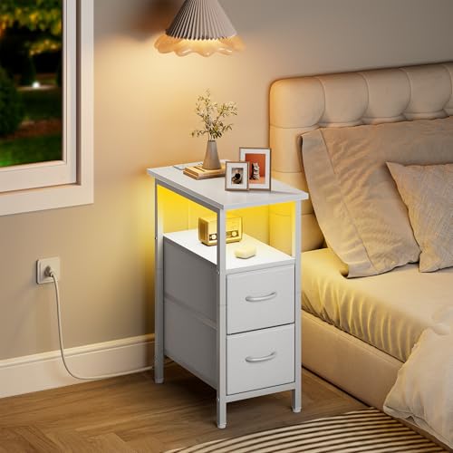 Vagusicc Set of 2 White Nightstand with Charging Station and LED Lights, Narrow Side Table, LED Night Stand with 2 Fabric Drawers, Bedside Table Small End Table, Tall Nightstand for Bedroom, White - color: White, size: 2, style: With LEDs